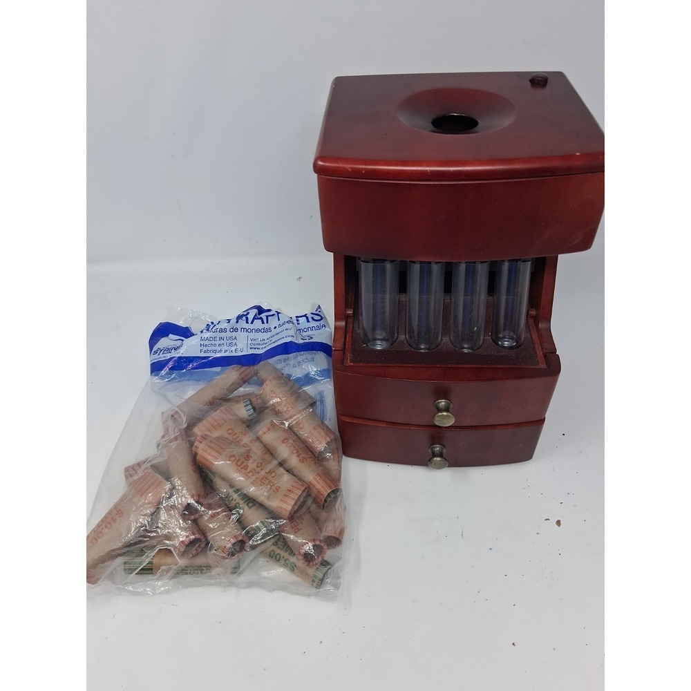 MAGNIF Deluxe Coin Sorter Wood CLASSIC CHERRY Box Lid Tubes Drawers